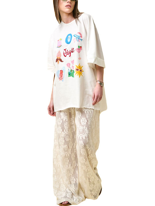 Γυναικείο Oversized T-shirt Εκρου- Ροζ- Σιελ