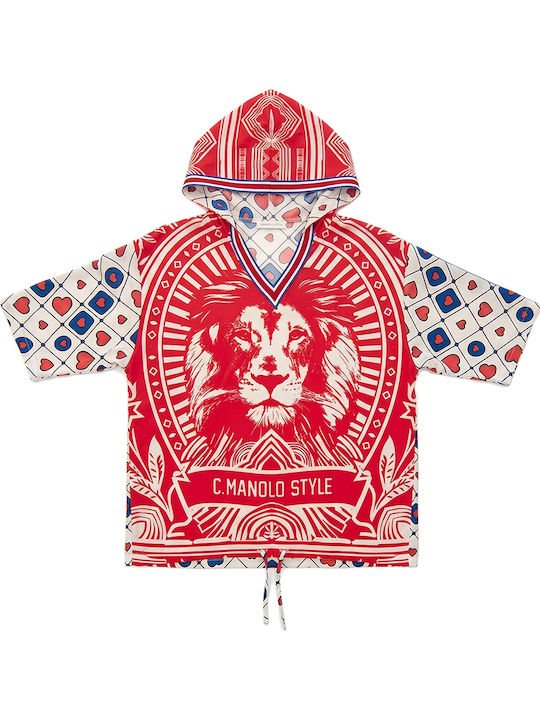 Women's Short Sleeve Hoodie Blouse Ecru- Red- Blue