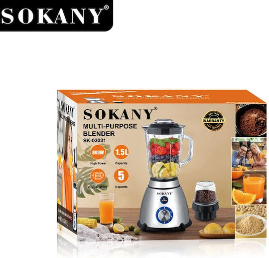 Sokany Μπλέντερ με Γυάλινη Κανάτα 1.5 lt 800W Inox SK-03031