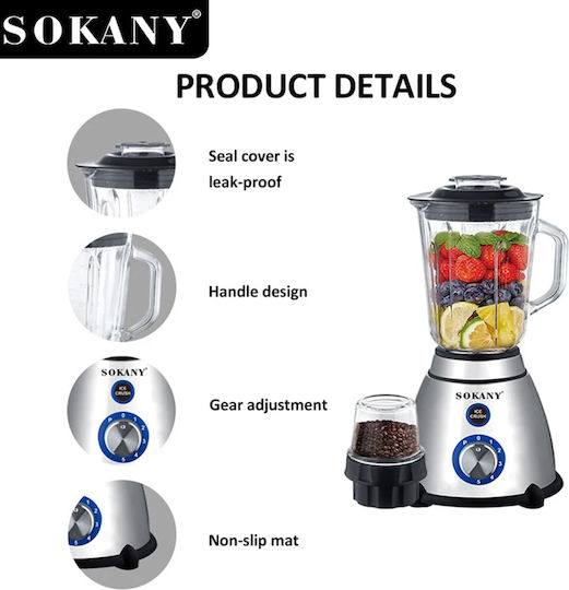 Sokany Μπλέντερ με Γυάλινη Κανάτα 1.5 lt 800W Inox SK-03031