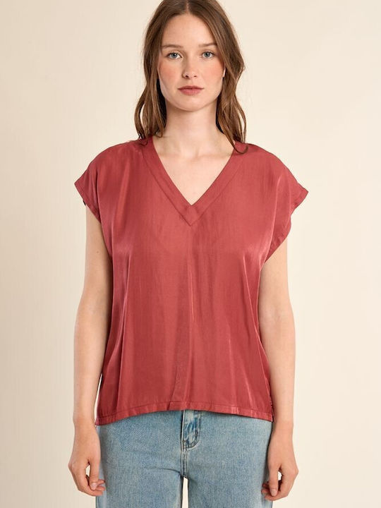 Women's Satin Short Sleeve Blouse with V Neckline Fountouki
