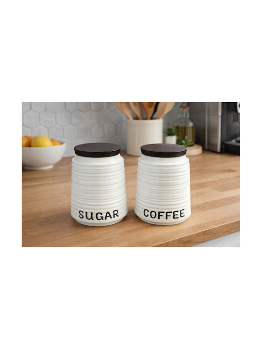 AGC Set 2 Pieces Sugar Coffee Jars with Lid Ceramic White 12x12x14.5cm 2 Pieces