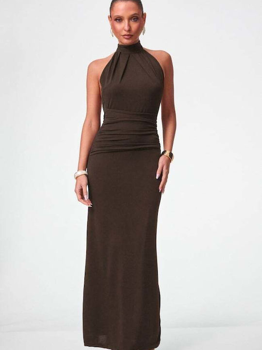 Summer Maxi Evening Dress Open Back Dark Brown