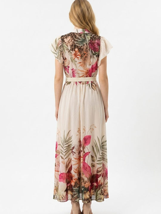 Summer Midi Dress with Ruffles Beige