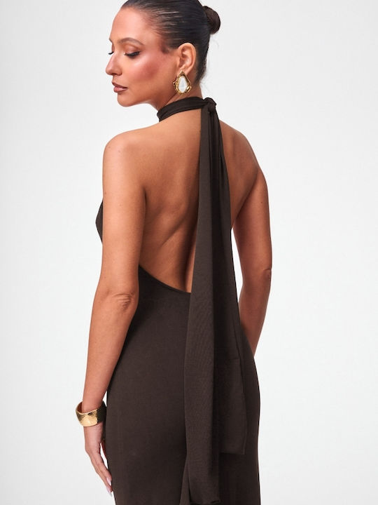 Summer Maxi Evening Dress Open Back Dark Brown