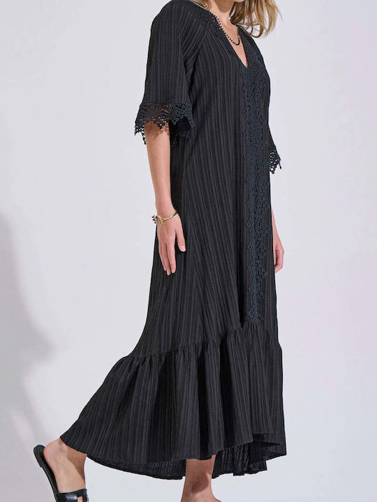 Summer Maxi Knitted Dress with Ruffles Black