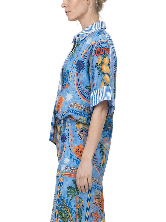 Short Sleeve Women's Shirt Yellow- Red- Light Blue