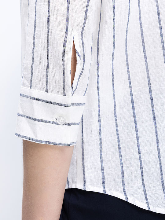Long Sleeve Women's Linen Blue Striped Shirt