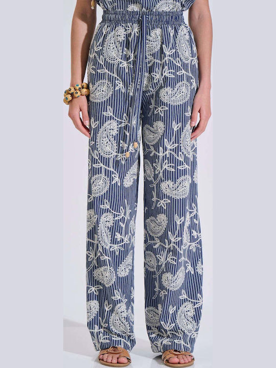 Women's High Rise Pantaloons with Rubber Band Striped Blue