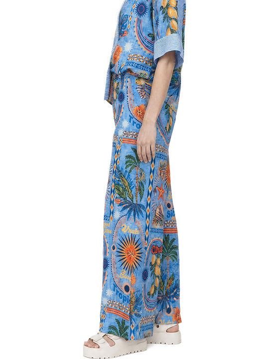 Women's High Waist Pantaloons with Rubber Band in Wide Leg Style Yellow-Orange-Blue