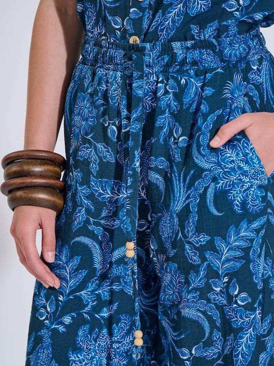 Women's Pantaloons with Rubber Band in Loose Fit Floral Blue