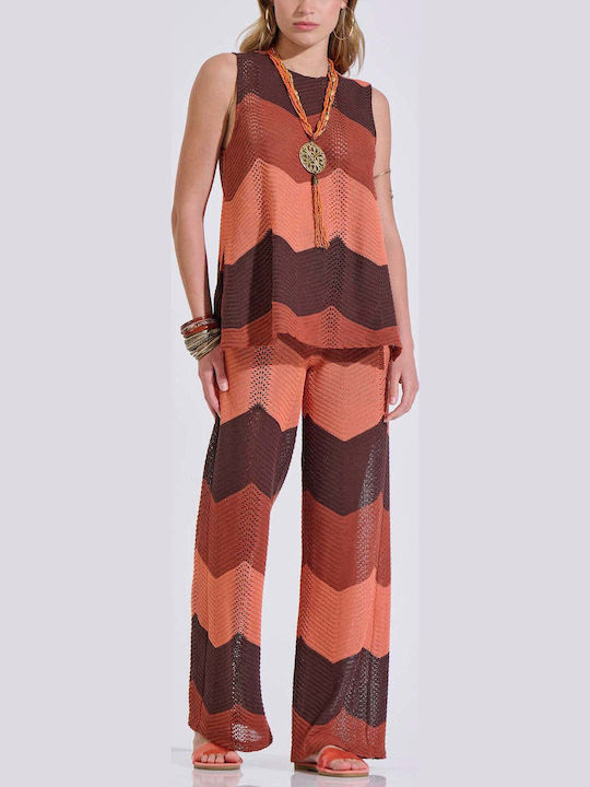 Women's Pantaloons with Rubber Band in Straight Leg Striped Ecru