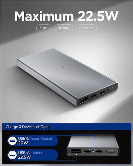 Spigen EA2210 Power Bank 10000mAh 22.5W με Θύρα USB-A και 2 Θύρες USB-C Power Delivery Γκρι