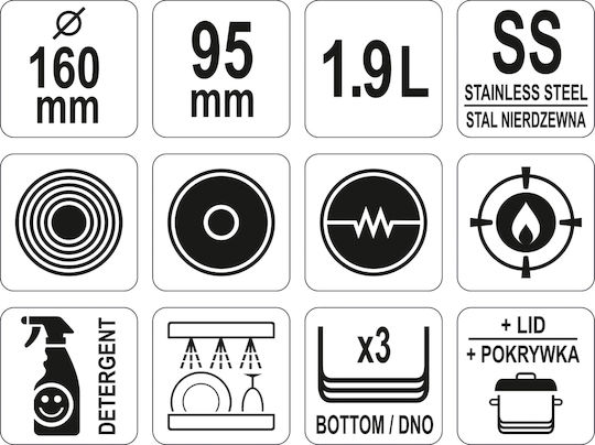 Mâner capac oală gastro profesional Yato 16x9.5cm capacitate 1.9l oțel inoxidabil de calitate alimentară