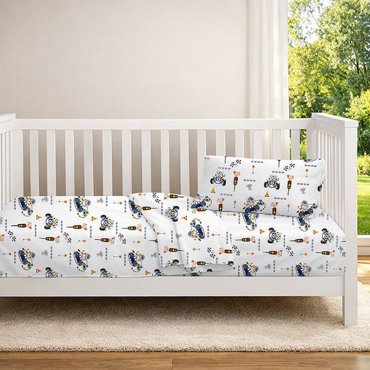 Dimcol Детски Чаршаф За Количка Памучен с Ластик Animal Grand Prix 589 Бял 70x140см