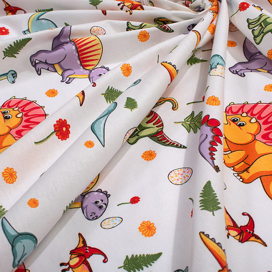 Dimcol Baby Crib Cotton Fitted Sheet Dinosaur 520 White 70x140cm