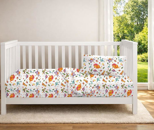 Dimcol Baby Crib Cotton Fitted Sheet Dinosaur 520 White 70x140cm