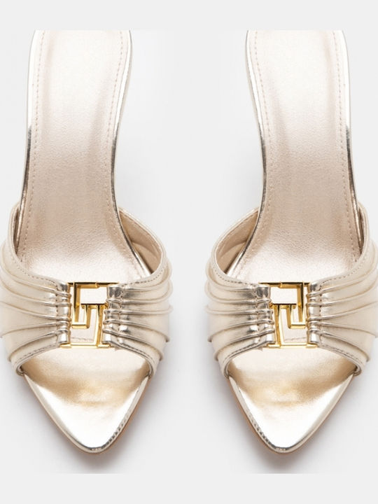 Suede Mules With High Heel In Gold Colour