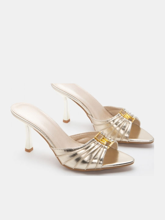Suede Mules With High Heel In Gold Colour