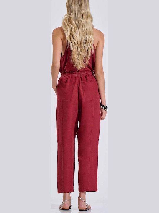Women's Linen Trousers with Elastic Burgundy