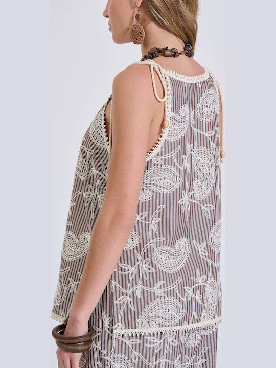 Women's Blouse with V Neckline Striped Brown