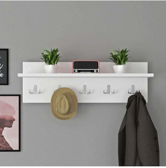SteweHome Cuier de Perete Din Lemn Cu 5 Compartimente Albă 70x18x18cm SteweHome Cuier de Perete Din Lemn Cu 5 Compartimente Albă 70x18x18cm