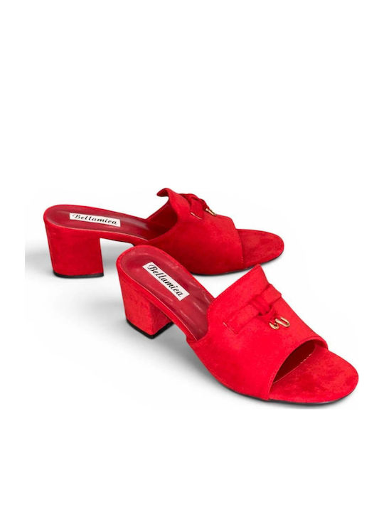 Suede Mules με Χοντρό Χαμηλό Τακούνι σε Κόκκινο Χρώμα