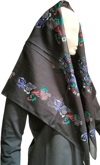 Epirus Women's Large Traditional Costume Headscarf Black Flowers Mark205 Black Leaves