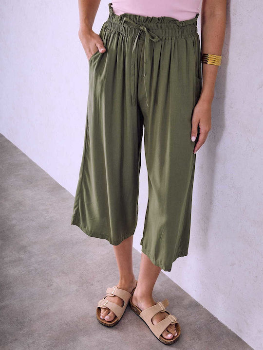 Celestino Zip-Culottes Baumwollstoff Loose Fit Khaki