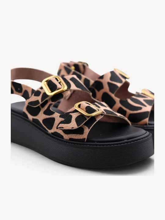 Beige Print Leder Flatforms Doppelverstellbare Riemen