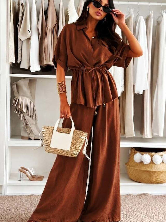 Γυναικείο Brown Σετ με Ψηλόμεσο Παντελόνι Loose Fit