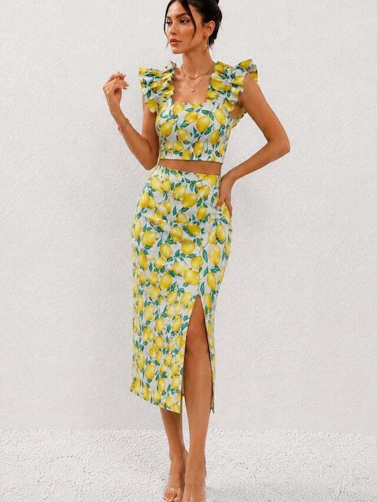 Set Mit Denim Hohe Taille Midi Blumenrock Limette Gelb