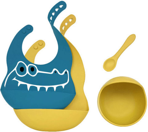 Queen Mother Crocodile Silicone Feeding Set with Anti-Slip Base Blue 4 Pieces