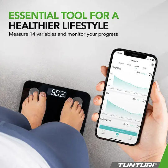 Tunturi Smart Badezimmerwaage 180kg mit Bluetooth Schwarze 14TUSSP001