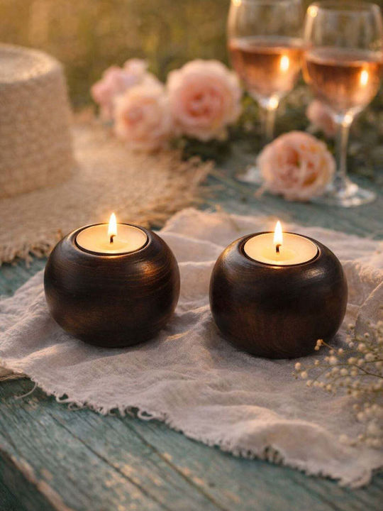 SteweHome Set of Wooden Candle Holders in Brown Colour 5x7cm 2 Pieces
