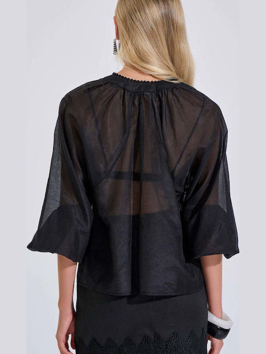 Women's Cotton Blouse with V-Neck Black