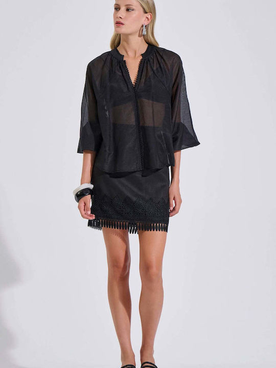 Women's Cotton Blouse with V-Neck Black