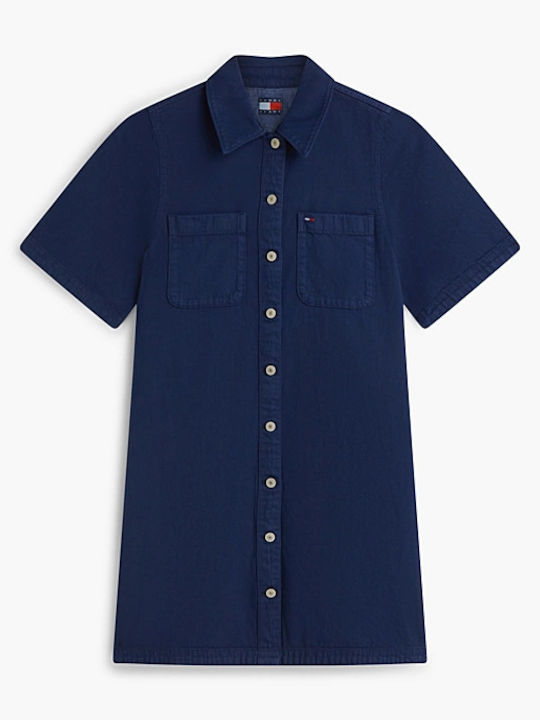 Summer Mini Shirt Dress Denim Navy Blue