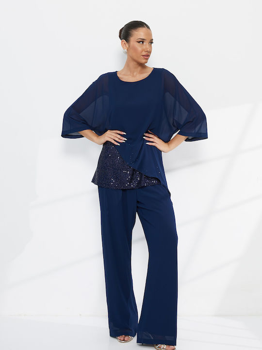 Women's Dark Blue Set with Trousers with Elastic in Relaxed Fit with Sequins