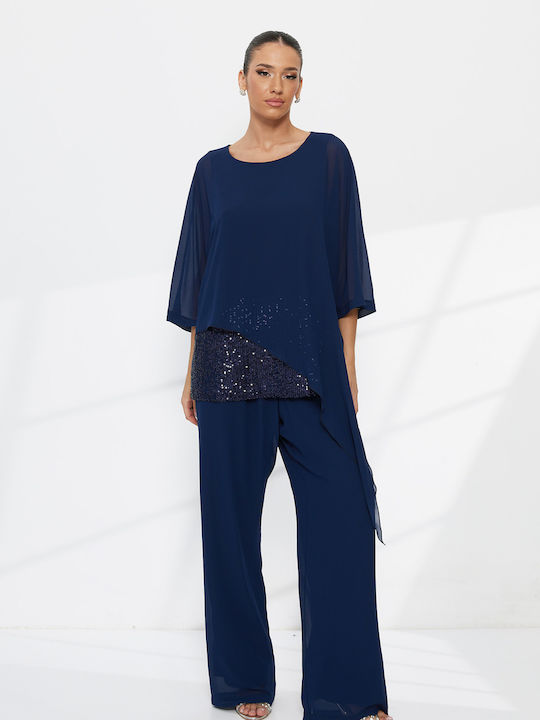 Women's Dark Blue Set with Trousers with Elastic in Relaxed Fit with Sequins