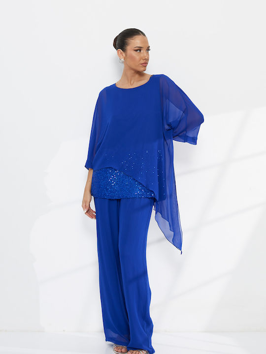 Women's Dark Blue Set with Trousers with Elastic in Relaxed Fit with Sequins