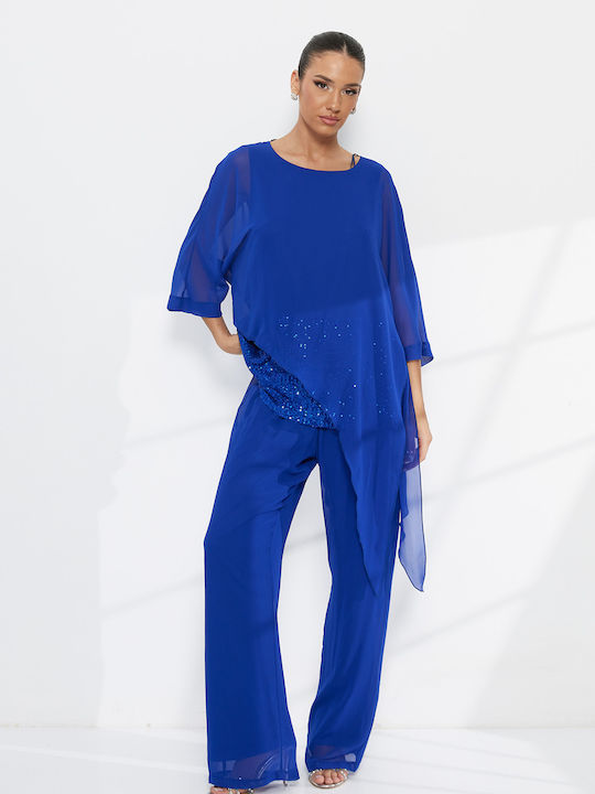 Women's Dark Blue Set with Trousers with Elastic in Relaxed Fit with Sequins