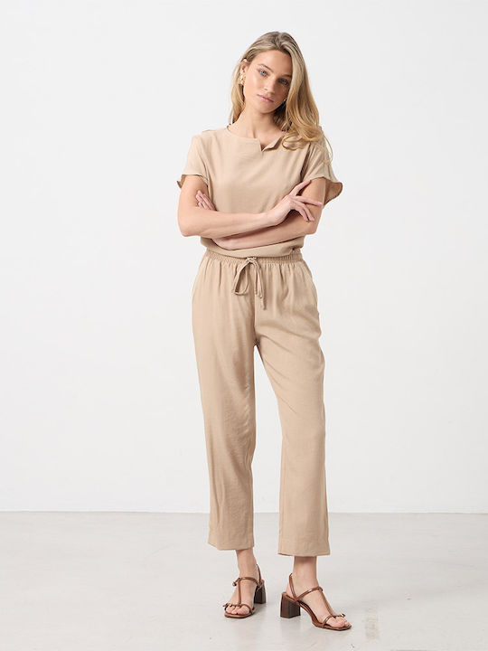 Women's High Rise Fabric Trousers with Elastic Beige