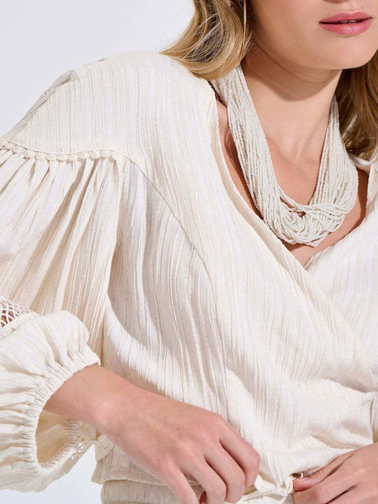 Women's Blouse with V-Neck Ecru