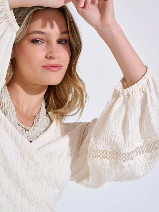 Women's Blouse with V-Neck Ecru