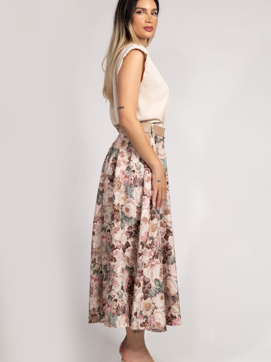 Ψηλόμεση Maxi Φούστα Floral Μπεζ