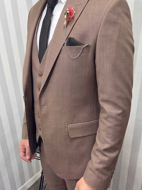 Men's Suit with Vest Slim Fit Brown