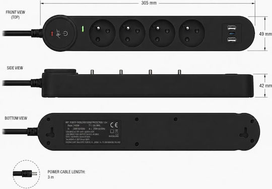 Art Захранваща Лента 4 Порта с 2 USB-A, USB-C и Кабел 3м