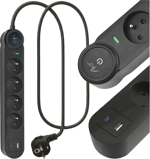 Art Захранваща Лента 4 Изхода с USB-A USB-C и Кабел 1.5м