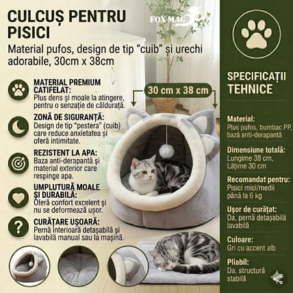 Котешко легло 30см X 38см Къщичка Уши Сиво